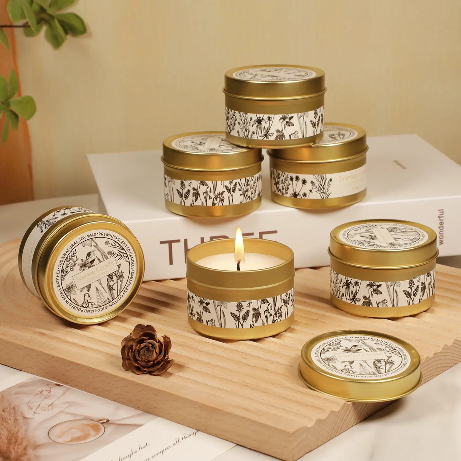 gold tin scented candle soy wax candle